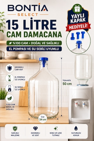 15 Litre Cam Damacana Koruyucu Kılıflı Yaylı Kapak Hediyeli Sebil Ve El Pompası Uyumlu %100 Cam Damacana Şeffaf