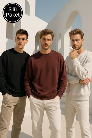 Rich Erkek 3'lü Paket Siyah - Kahverengi - Krem Bisiklet Yaka Scuba Sweatshirt Siyah