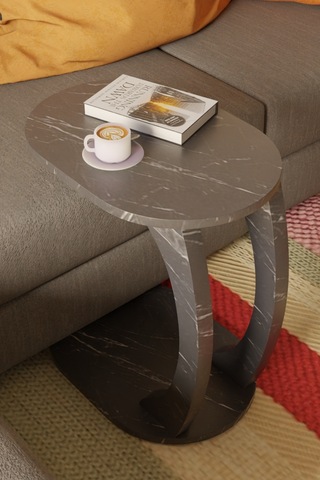 Oval Siyah Mermer C Sehpa Modern,tekerlekli Yan Sehpa Salon, Ofis, Yatak Odası Siyah