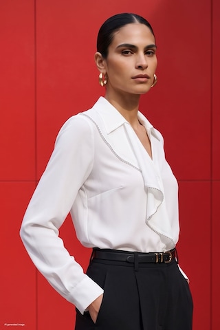 Sateen Fırfır Ve Aksesuar Detaylı Gömlek - Ekru-137870