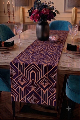 Premium Masa Runner Dijital Baskılı Çizgi Desenli Dekoratif Salon Mutfak Yemek Masası Runner Örtüsü 45x140 Cm Mor