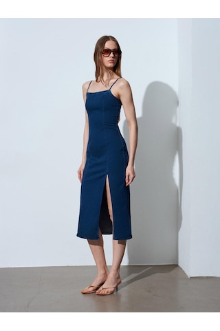 Dilvin 90584 Denim Yırtmaçlı Elbise-mavi-15321
