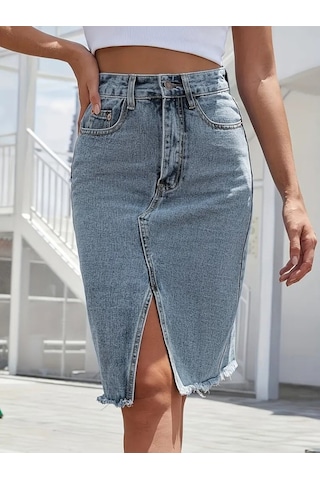 Kadın Elastik Bel Yırtık Kenar Detaylı Kot Etek Karışık