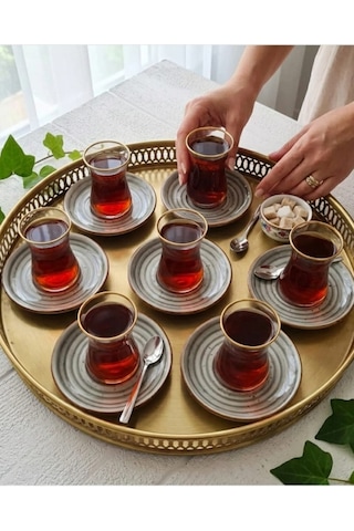 Madam İzmir Winter 6'lı Siyah Çay Tabağı - Modern Spiral Desenli Şık Sunum Tabağı Gri
