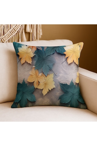 Sonbahar Yaprak Desenli Kırlent Kılıfı Turkuaz & Sarı Renkli, Dijital Duck Kumaş, Dekoratif Yastık 40 x 40