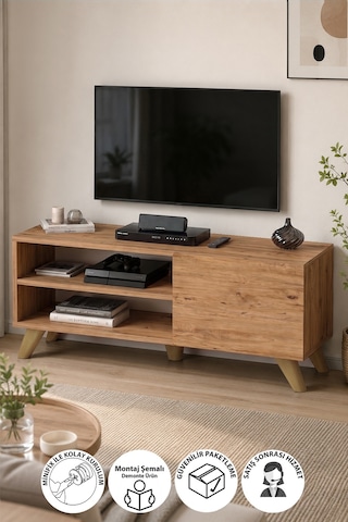 Tv Sehpası Kapaklı Tv Sehpası Raflı Tv Ünitesi Televizyon Sehpası 100 X 35 Cm Malta Çam Çam