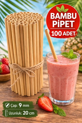 100 Adet Bambu Pipet 9mm X 20cm Kalın Smoothie Pipeti Doğal Çevre Dostu