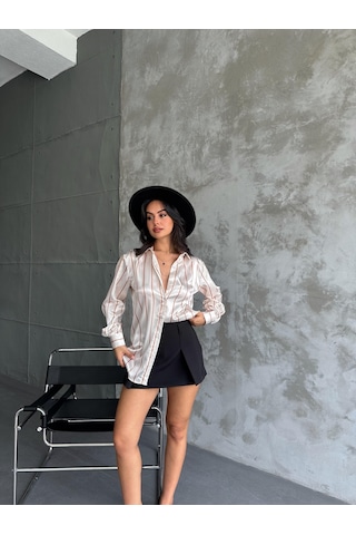 Kadın Oversize Ekru Renk Camel İnce Çizgili Detaylı Saten Gömlek-camel Camel