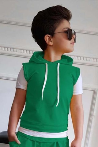 Riccotarz Erkek Çocuk Kapüşonlu Şerit Detaylı Kat Şerit Detaylı Sweatshirt Lastikli Yeşil Eşofman