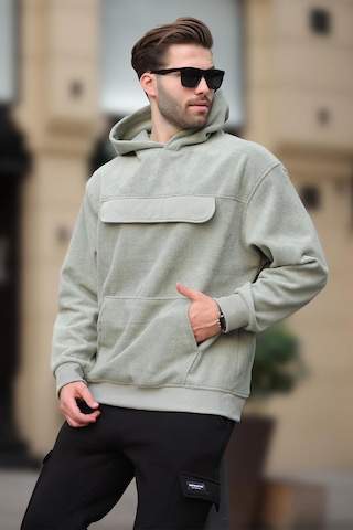 Madmext Çağla Yeşili Kapüşonlu Kapaklı Cep Detaylı Polar Erkek Sweatshirt 7097 Yeşil