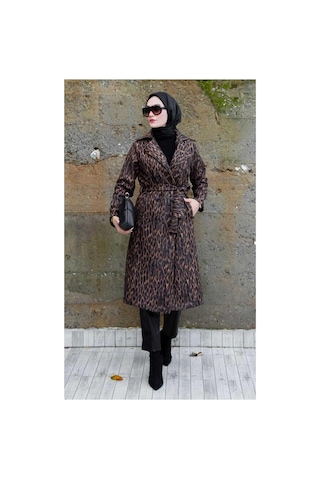 Harman Butik Kadın Astarlı Leopar Desenli Kaşe Kaban Kahverengi Kahverengi