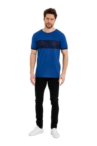 Bisiklet Yaka Kısa Kollu Desenli Penye Erkek Tshirt İndigo