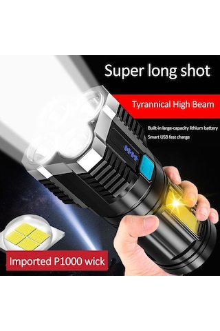 Soulader Güçlü Ve Dayanıklı 4 Çekirdekli Şarj Edilebilir Led El Feneri, Uzun Menzilli Spot Işık, Açık Hava Etkinlikleri, Balıkçılık, Kamp Ve Gece Yürüyüşleri İçin Pratik Ve Parlak Aydınlatma Çözümü Siyah