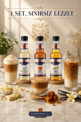 Simonelli Kahve ve Kokteyl Şurubu Seti Karamel Beyaz Çikolata ve Vanilya Aromalı İçecek Şurubu 3 x 250 ML