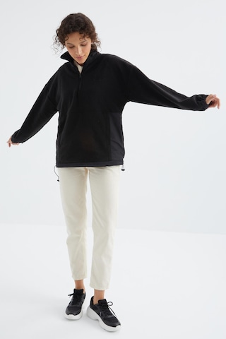 Tommy Life Siyah Yarım Fermuar Etek Ucu Büzgülü Dik Yaka Oversize Kadın Polar Sweatshirt - 97236 Siyah