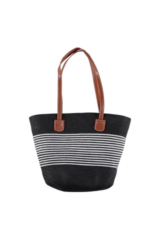 Kadın Hasır Çanta Plaj Çanta Yazlık Premium Çizgili Tasarım Hasır Siyah