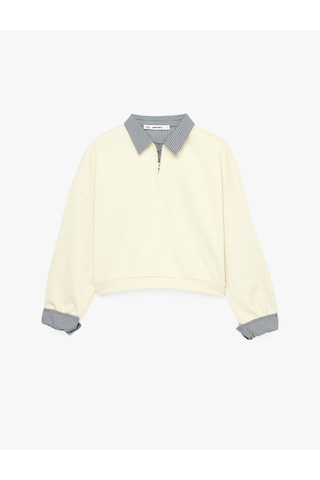 Koton Rahat Kalıp Uzun Kollu Kareli Yaka Detaylı Yarım Fermuarlı Sweatshirt Taş 6sal10557ık