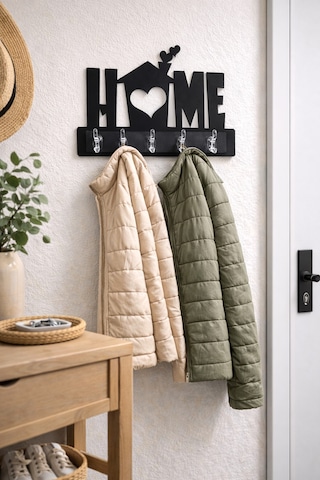 Home Yazılı Dekoratif Duvar Askılığı 6 Kancalı Anahtarlık Ve Askı 39,5 X 28,5 Cm Siyah Siyah
