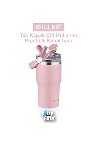 Dıller 620 Ml Tek Kapak Çift Kullanım Pipetli/pipetsiz Taşıma Kulplu Mug/çelik Termos-ffdıllerd9168 Pudra