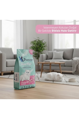 Süper Beyaz Doğal Bentonit Topaklanan Kedi Kumu Bebek Pudrası Kokulu 10 Lt