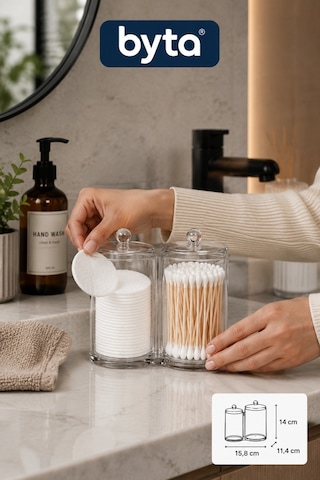 Kristal İkili Pamukluk Ve Kulak Çubuğu Organizeri Kapaklı Şeffaf Banyo Düzenleyici Şeffaf