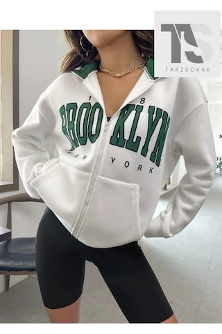 Adrift Beyaz Yeşil Kapüşonlu Fermuarli Brooklyn Oversize Beyaz