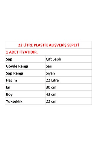 22 Litre Plastik Market Alışveriş El Sepeti Sarı 1 Adet / En:30 Boy:43 Yükseklik:22 Cm Sarı