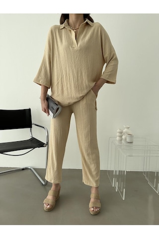 Kadın Polo Yaka Üst Pantolon Ikili Takım Bej