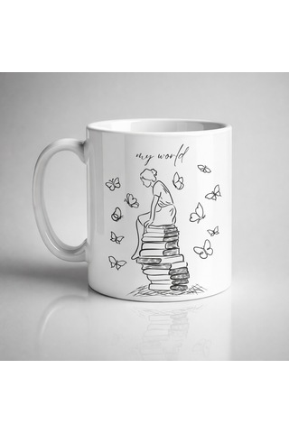 My World Kitap Temalı Tasarım Kupa Model 225 Minimal Baskılı Seramik Kahve Kupası Çok Renkli