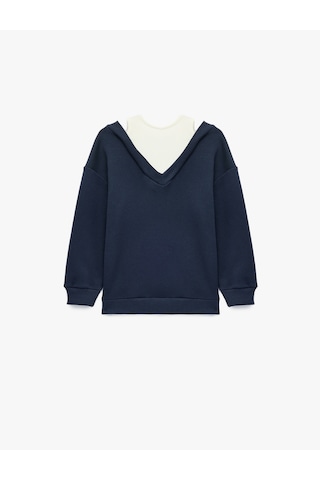 Koton V Yaka Uzun Kollu Pamuklu Şardonlu Sweatshirt Lacivert 7wkg10051ak