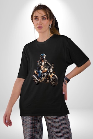 Kask Motorsiklet Dünya Turu Pamuklu Bisiklet Yaka Unisex Oversize Boyfriend Dijital Baskılı Siyah T-shirt Siyah