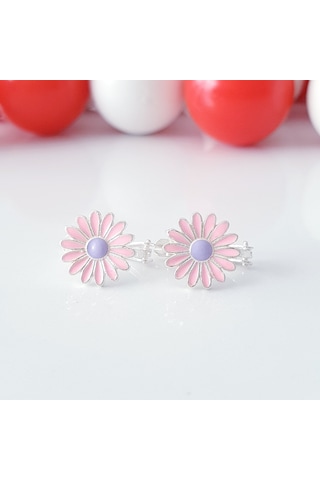MAGRİB pembe ve mor renkli papatyalı gümüş çocuk küpesi