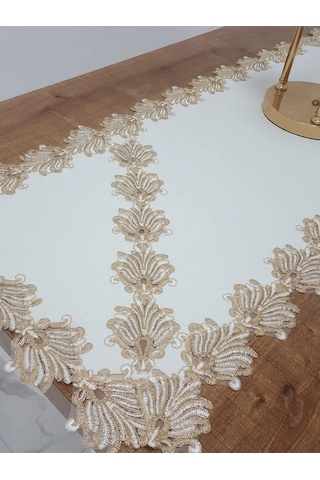 Jadelin Gold Güpürlü Keten Kumaş Runner Krem 48x145 Cm 1141 Krem