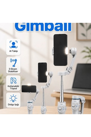 Aı Takipli 3 Eksen Telefon Gimbali Katlanabilir Tripod Ve Dahili Dolgu Işıklı Stabilizer