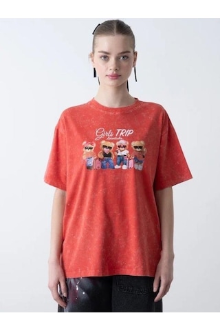Zekids Kız Çocuk Ayıcık Baskılı Oversize T-shirt-15808 Kırmızı