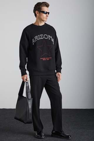 Grımelange Domagoj Erkek Organik Pamuklu Western Baskılı Bisiklet Yaka Oversize Siyah Sweatshirt