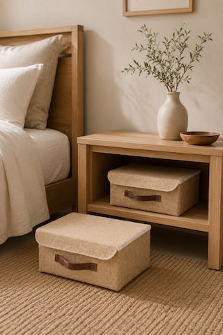 2'li Kapaklı Jüt Düzenleyici M Boy 30x23x13 Cm Dolap İçi Raf Tekstil Banyo Organizer Saklama Kutusu Kahverengi
