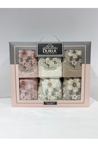 Kadife Gipürlü Analı Kızlı Havlu Seti 6 Lı 3 Ad 50 90-3 Ad 30 50 Krem - Kahve - Pudra