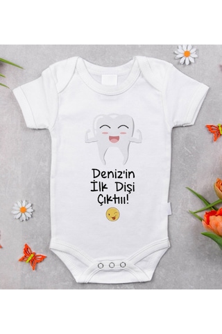 Bitmeyenkartus Bk Kids Isimli Ilk Diş Tasarımlı Bebek Body Zıbın - Model 1 Beyaz