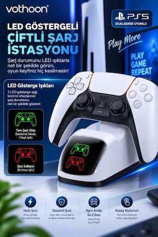 Ps5 Dualsense Uyumlu Çiftli Şarj İstasyonu Hızlı Şarj Standı Led Şarj Göstergeli 1 Adet