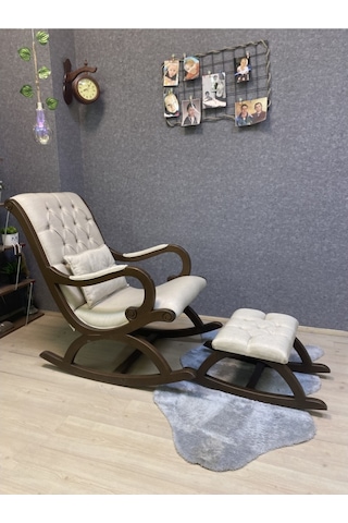 Asedia Rustik Ceviz Krem Sallanan Sandalye Dinlenme Koltuğu