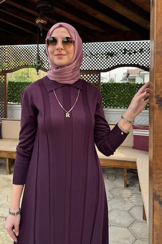 Rabia Şamlı Biricik Kemerli Triko Elbise Mürdüm Normal