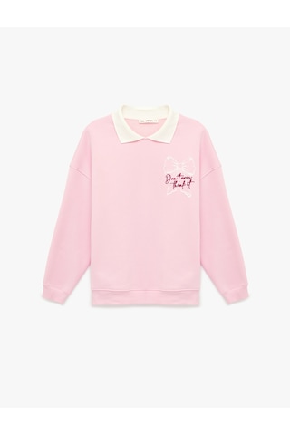 Koton Rahat Kalıp Uzun Kollu Nakış Detaylı Fiyonklu Polo Yaka Sweatshirt Pembe 6sal10427ık Gülkurusu