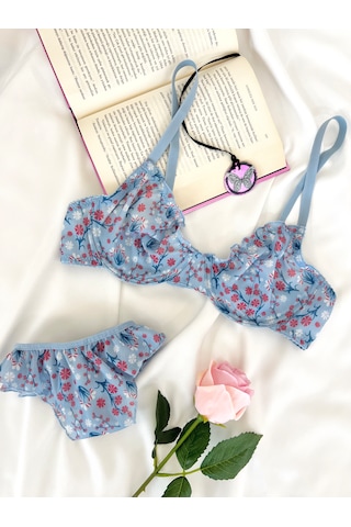 Arinda Butterfly Mavi Tül Çiçek Desenli Balenli Kapsız Fırfırlı Bralette Sütyen Tanga İç Çamaşırı Takımı Alt Üst 2 Parça