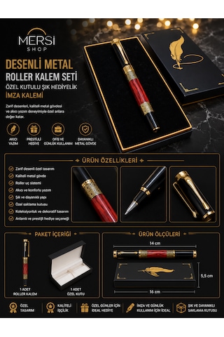 Desenli Metal Roller Kalem Seti Özel Kutulu Şık Hediyelik İmza Kalemi Altın - Siyah