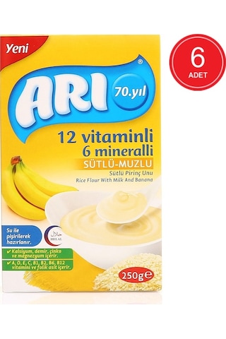 Arı 12 Vitaminli 6 Mineralli Sütlü Muzlu 6+ Ay Pirinç Unu 6 x 250 G