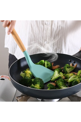 Isıya Dayanıklı Silikon Mutfak Gereçleri, Ergonomik Ahşap Saplı Toksik Olmayan Pişirme Gereçleri, Yapışmaz Tencere, Kaşık Ve Çorba Kepçesi İçin Mükemmel