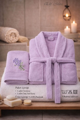 Tek Kişilik Banyo Havlulu Bornoz Seti Pamuklu Bukle Şalyaka Nuvia Lila