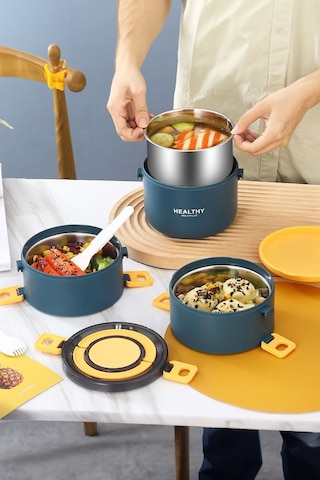 304 Çelik Üç Kat Yemek Mama Saklama Kabı Sefertası cin564mv 2200 ML Mavi