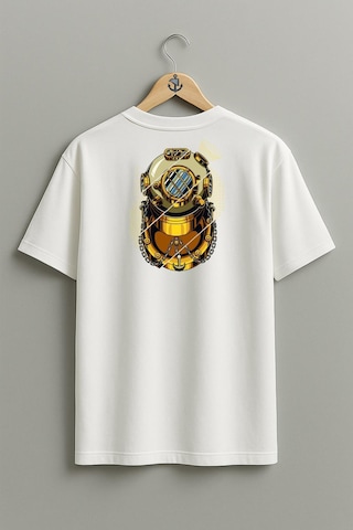Oversize Gold Dalış Başlığı Cep Ve Sırt Tasarımlı Unisex T-shirt Beyaz